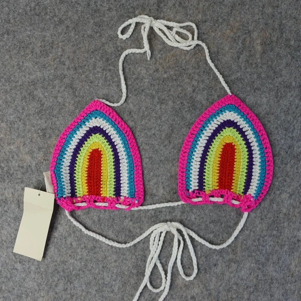 Crochet‎ Bikini Top Womens S Rainbow Striped Halter Retro Boho Festival Rave NWT
